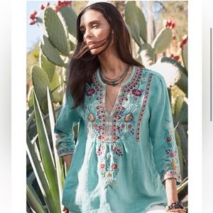 Johnny Was Turquoise Linen Embroidered Tunic